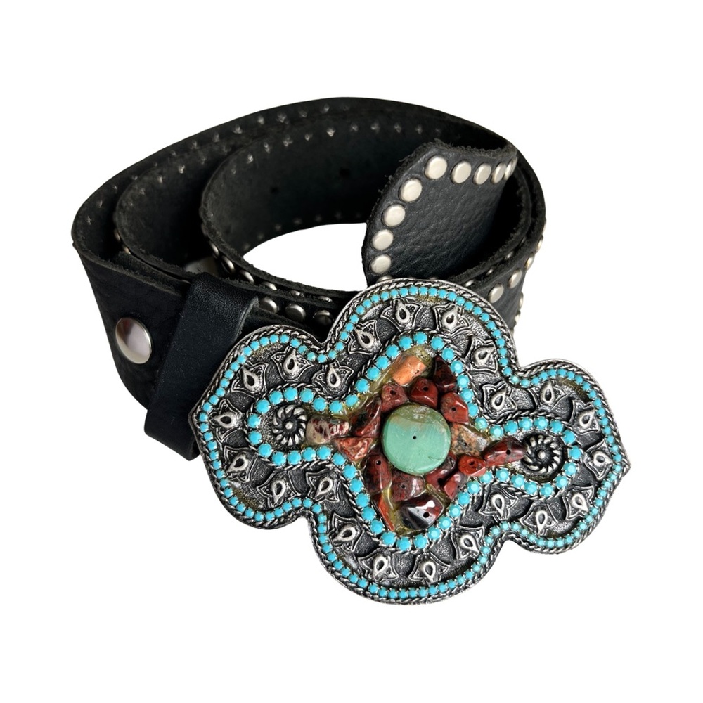Cache bejeweled buckle, cowgirl belt, black leather studded, sz S, EUC vintage